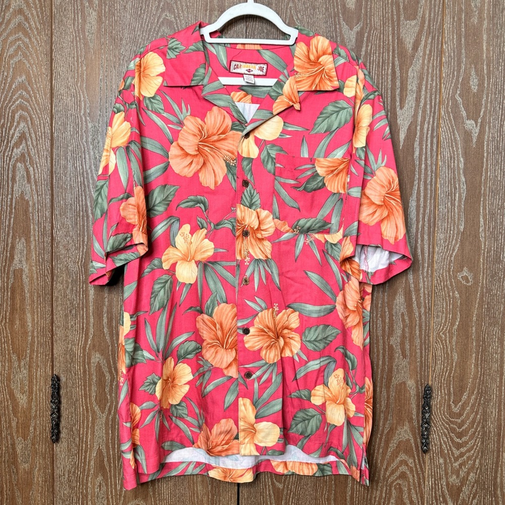 Caribbean Joe Mens Large Pink Floral Hibiscus Rayon Short Sleeve Camp Shirt 0977 - Picture 2 of 9